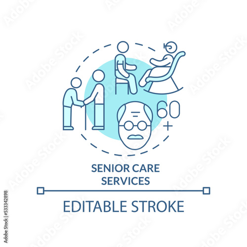 Senior care services turquoise concept icon. In demand small business type abstract idea thin line illustration. Isolated outline drawing. Editable stroke. Arial, Myriad Pro-Bold fonts used
