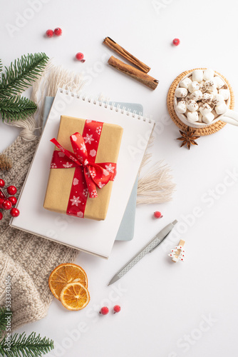Fototapeta Naklejka Na Ścianę i Meble -  New Year concept. Top view vertical photo of craft paper giftbox notepad mug of cocoa with marshmallow pine branches mistletoe cinnamon dried orange slices and cozy plaid on isolated white background