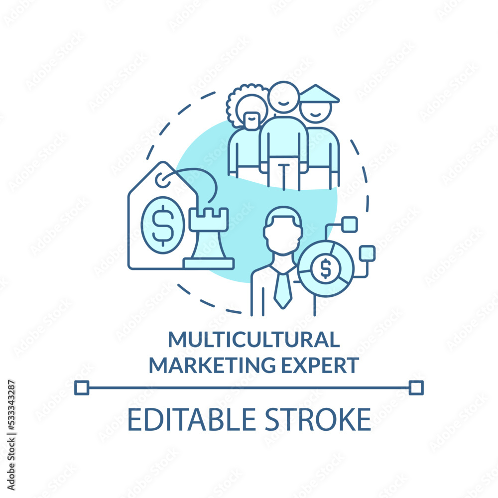 Multicultural marketing expert turquoise concept icon. In demand small business idea abstract idea thin line illustration. Isolated outline drawing. Editable stroke. Arial, Myriad Pro-Bold fonts used