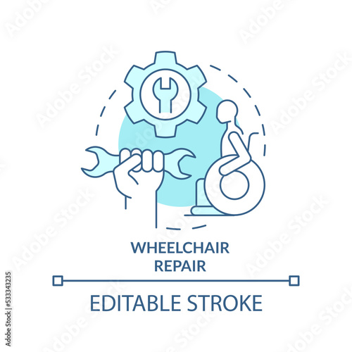 Wheelchair repair turquoise concept icon. In demand small business idea abstract idea thin line illustration. Isolated outline drawing. Editable stroke. Arial, Myriad Pro-Bold fonts used