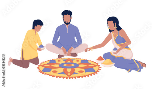 Indian family making rangoli design semi flat color vector characters. Editable figures. Full body people on white. Hindu festival simple cartoon style illustration for web graphic design, animation