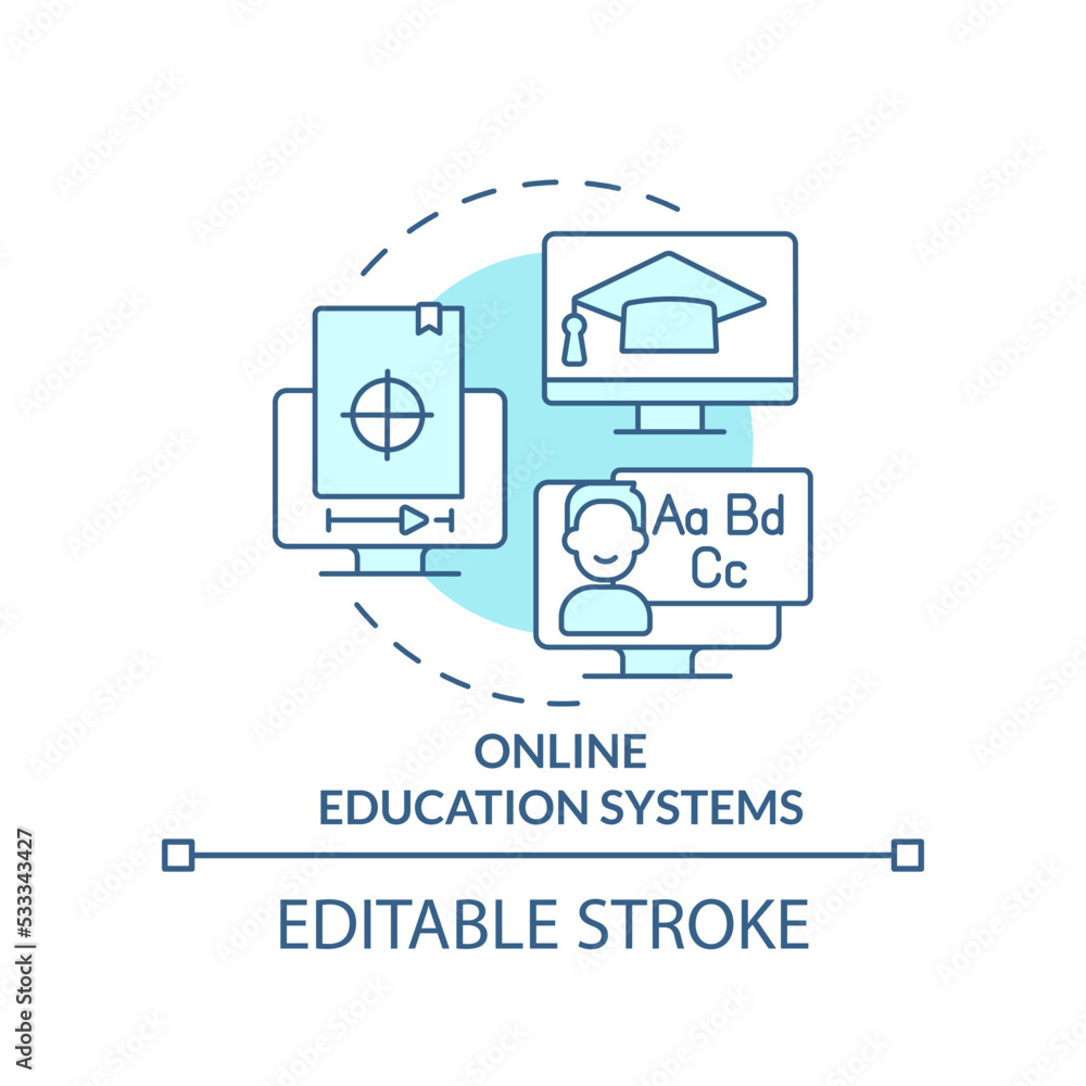 Online education systems turquoise concept icon. Internet platform. Business trend abstract idea thin line illustration. Isolated outline drawing. Editable stroke. Arial, Myriad Pro-Bold fonts used Online education systems turquoise concept icon. Internet platform. Business trend abstract idea thin line illustration. Isolated outline drawing. Editable stroke. Arial, Myriad Pro-Bold fonts used