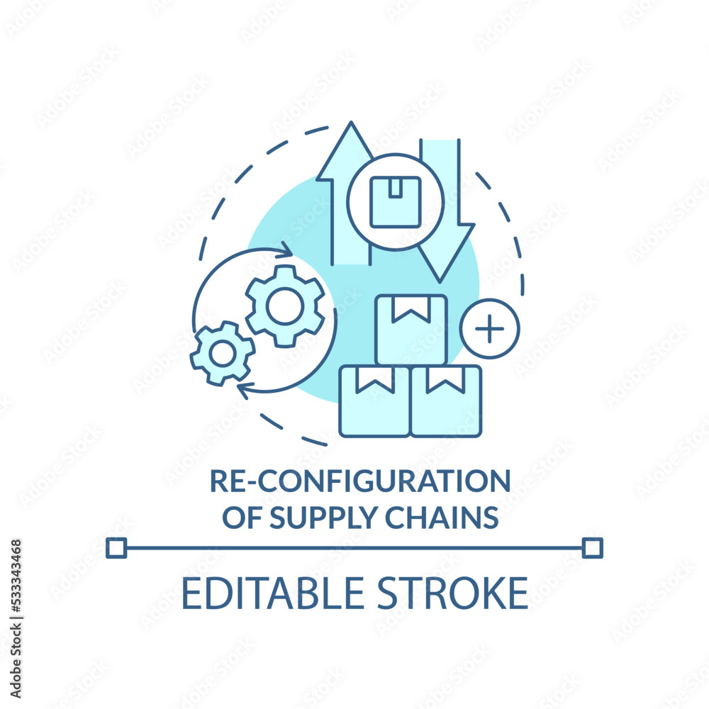 Reconfiguration of supply chains turquoise concept icon. Business trend abstract idea thin line illustration. Isolated outline drawing. Editable stroke. Arial, Myriad Pro-Bold fonts used Reconfiguration of supply chains turquoise concept icon. Business trend abstract idea thin line illustration. Isolated outline drawing. Editable stroke. Arial, Myriad Pro-Bold fonts used