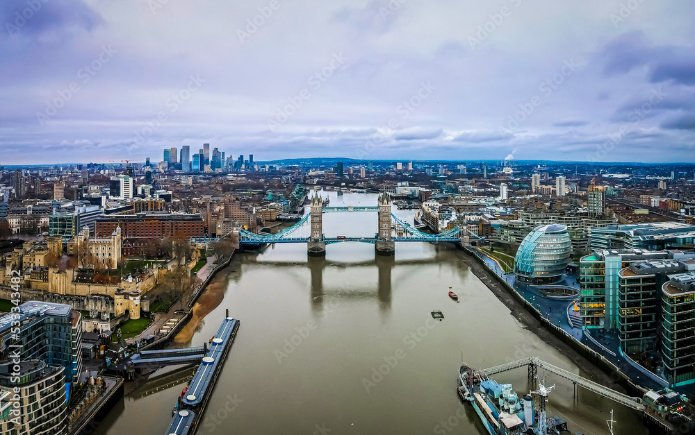 Aerial view of Tower Bridge in the City of London, the historic centre and the primary central business district