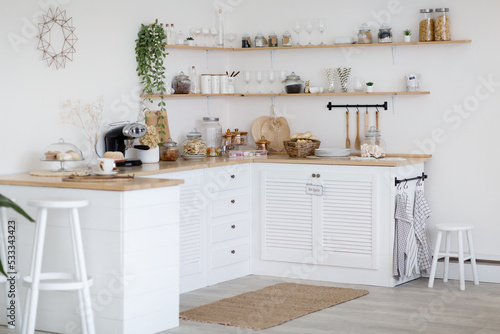 Cozy white empty kitchen, interior made in rural style