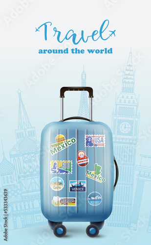 Vector of plastic baggage bag with plenty of stamps and words Travel around the world.
