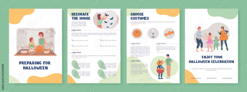 Preparing for Halloween flat vector brochure template. Booklet, leaflet printable flat color designs. Editable magazine page, reports kit with text space. Nerko One, Quicksand, Comfortaa fonts used