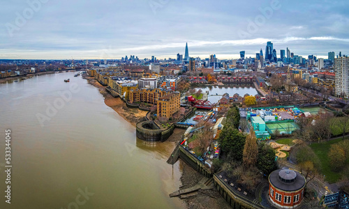 Aerial view of Shadwell Basin and the City of London, the historic centre and the primary central business district photo