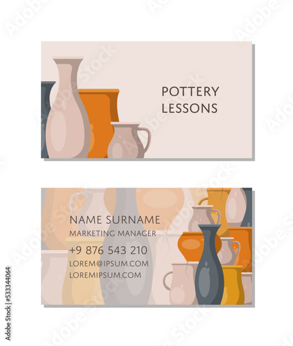 Pottery lessons business card template with traditional clay ceramics. Create handmade pottery in workshop advertising. Corporate identity retro design for pottery master classes vector illustration.