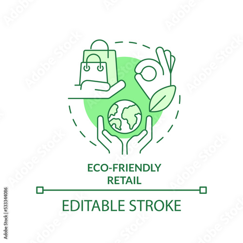 Eco friendly retail green concept icon. Sustainable sales. Ecological business idea abstract idea thin line illustration. Isolated outline drawing. Editable stroke. Arial, Myriad Pro-Bold fonts used