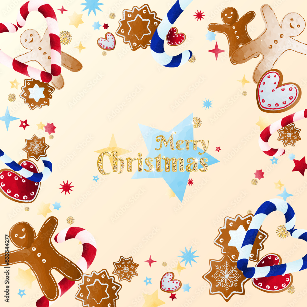 Naklejka premium Merry Christmas background with decorative sweets and confetti.