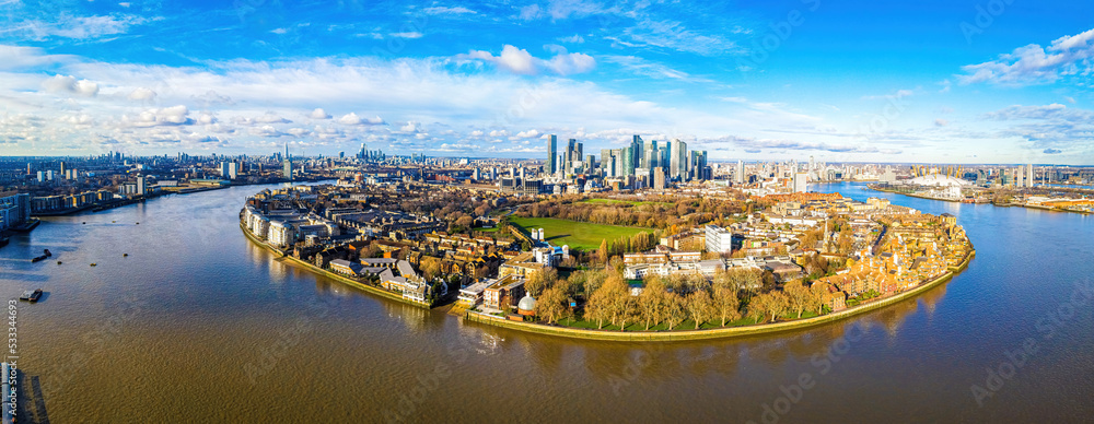 Aerial view of the Canary Wharf, the secondary central business district of London on the Isle of Dogs