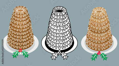 Kransekage, kransekake typical scandinavian celebration cake for Christmas and birthdays. Vector icon illustration set with colors and black outline.