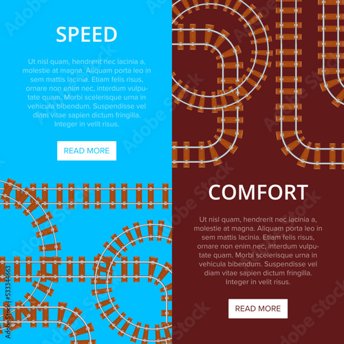 Railway pros banner with Speed and Comfort words on multicolored background.