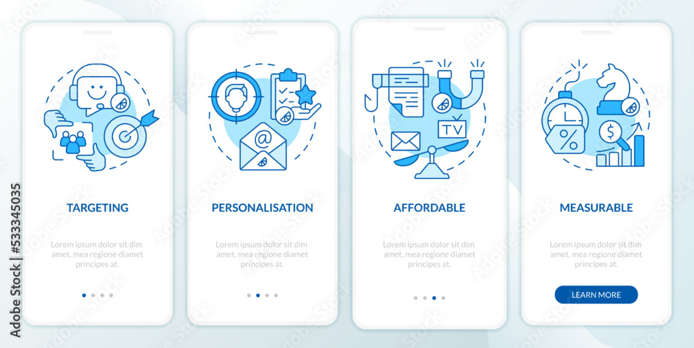 Benefits of direct marketing blue onboarding mobile app screen. Walkthrough 4 steps editable graphic instructions with linear concepts. UI, UX, GUI template. Myriad Pro-Bold, Regular fonts used