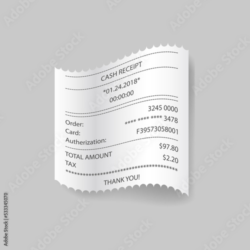 Check paper with card transaction and amount on gray background.