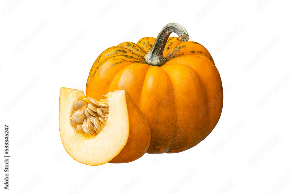 Whole orange pumpkin and slice of pumpkin isolated on white background. Clipping Path. Full Depth of field. Focus stacking - obrazy, fototapety, plakaty 