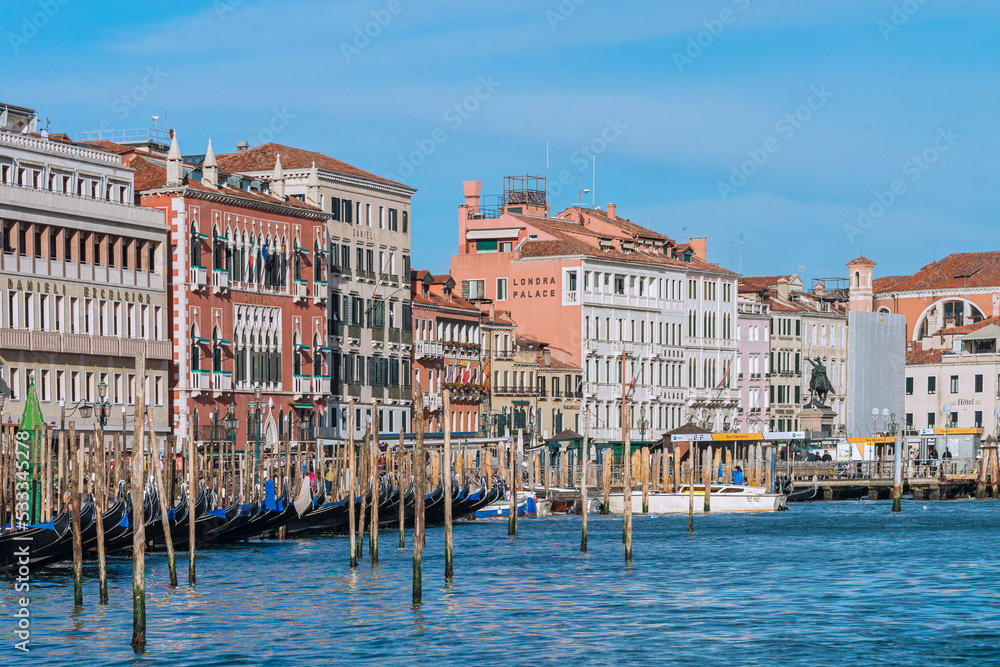 Facades of centennial buildings on the banks of the Grand Canal in Venice. Italy, 2019