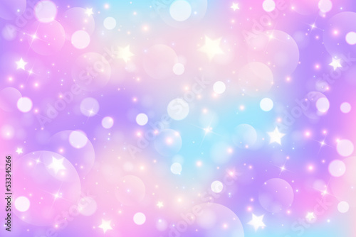 Rainbow unicorn fantasy background with stars. Holographic illustration in pastel colors. Bright multicolored sky with stars and bokeh. Vector.