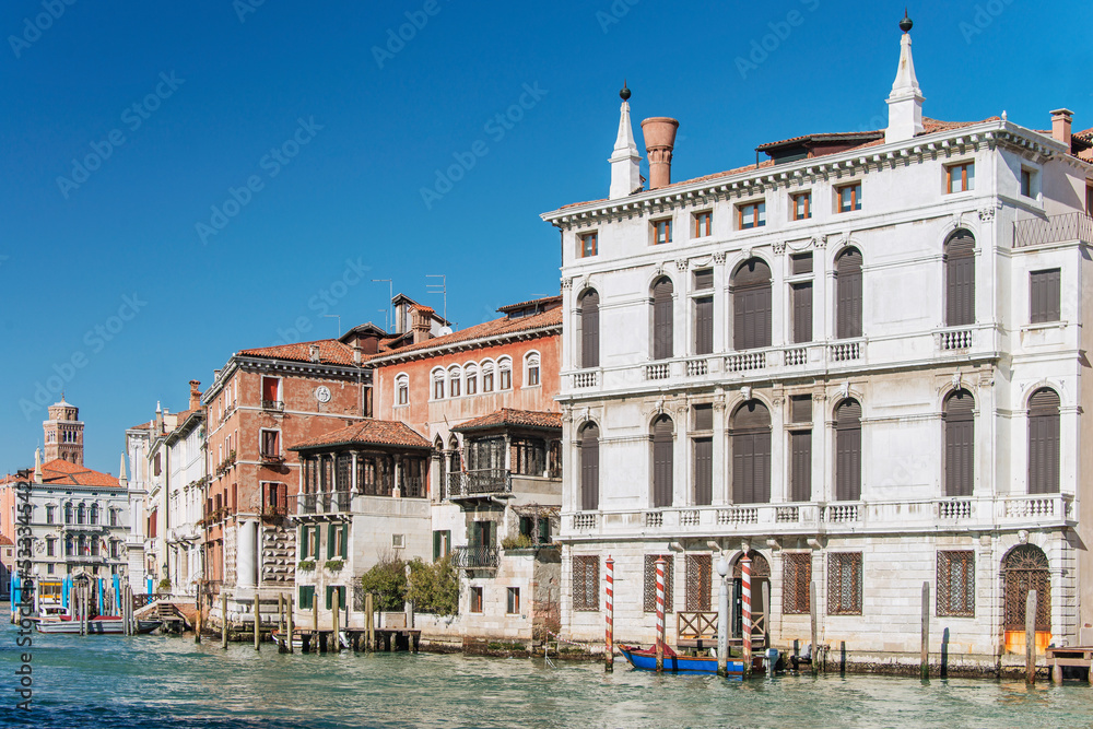 Facades of centennial buildings on the banks of the Grand Canal in Venice. Italy, 2019