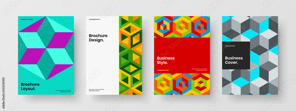 Fresh company cover vector design illustration collection. Trendy mosaic hexagons handbill concept bundle.