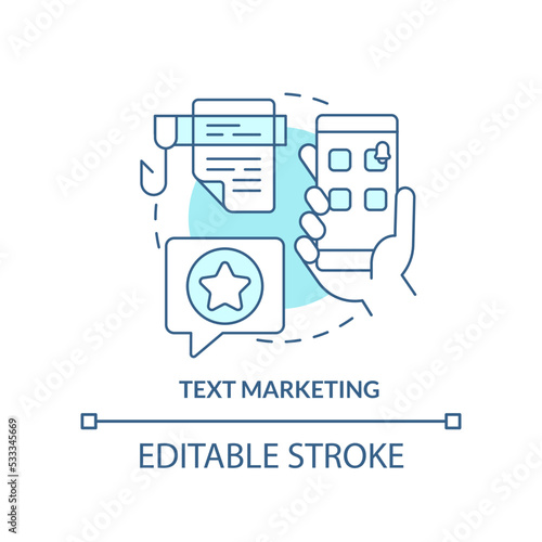 Text marketing turquoise concept icon. Advertising messages. Type of target marketing abstract idea thin line illustration. Isolated outline drawing. Editable stroke. Arial, Myriad Pro-Bold fonts used