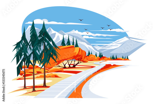 A pier like a road on a quiet mountain lake. Mountain peaks, autumn and coniferous trees. Tourism and recreation vacation concept, vector flat illustration