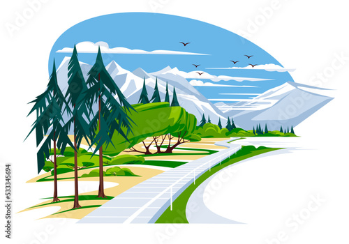 a pier like a road on a quiet mountain lake. Mountain peaks, green and coniferous trees. Tourism and recreation vacation concept, vector flat illustration