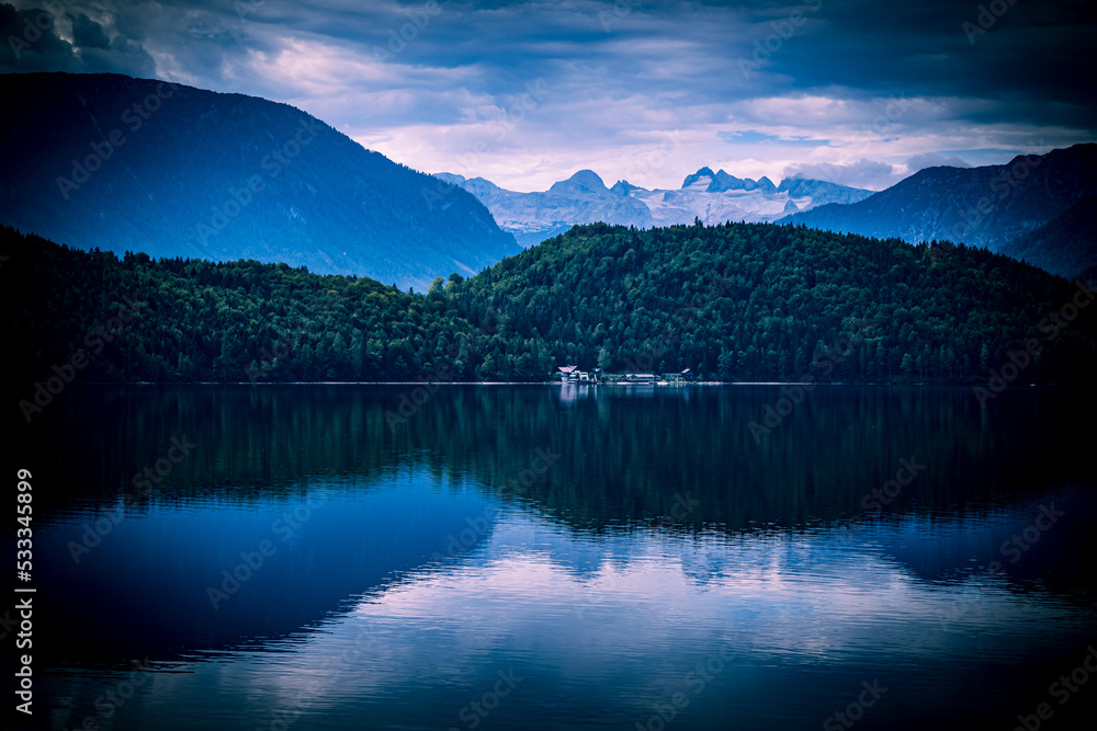 Breathtaking view of the alpine Altausseer See (Lake Aussee) in Ausseer Land region, Styria, Austria, with the Dachstein glacier in the background