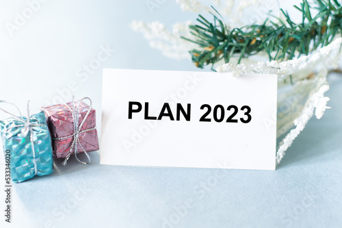Card with the text Plan 2023 on a light background next to the lion of the uplifted gift and spruce branches