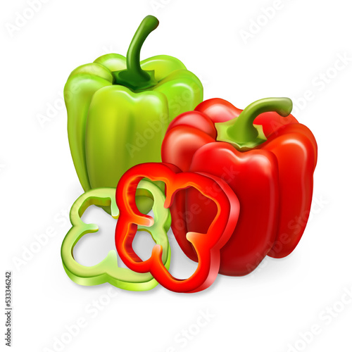 Realistic vector. Red and green paprika. Whole peppers and slices. 3d illustration