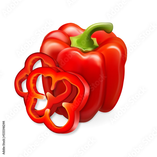 Realistic vector. Red paprika. Whole peppers and slices. 3d illustration
