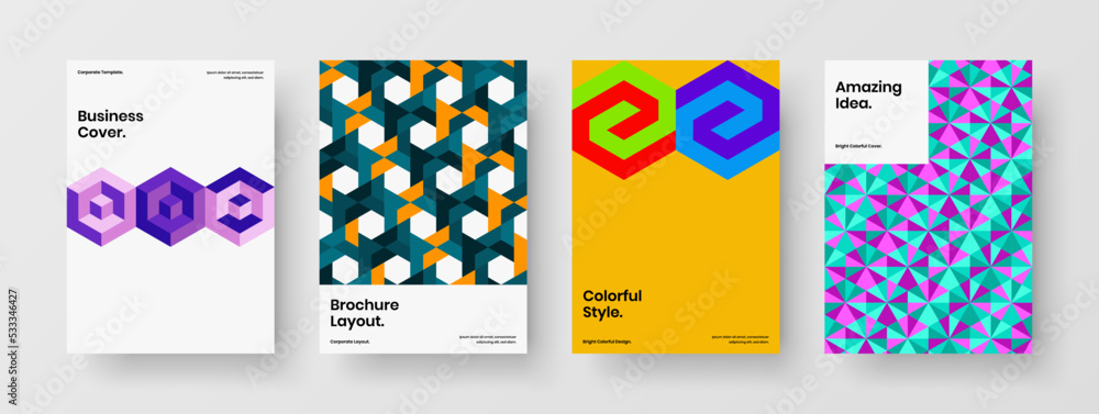 Multicolored mosaic tiles leaflet template composition. Colorful brochure design vector layout bundle.