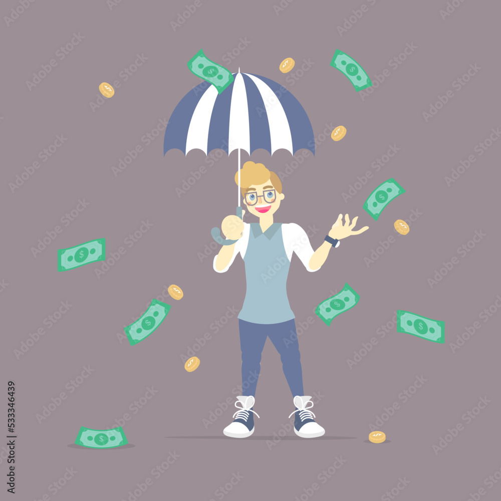 businessman holding umbrella with falling, floating money concept, flat vector illustration character cartoon design clip art businessman holding umbrella with falling, floating money concept, flat vector illustration character cartoon design clip art