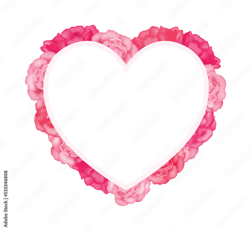 Heart Shaped Frame with Pink Red Roses. Floral Template for Romantic Invitation and Celebration. Flower Beautiful Frame for Mother Day. White background. Vector image for Valentine day and Wedding. Heart Shaped Frame with Pink Red Roses. Floral Template for Romantic Invitation and Celebration. Flower Beautiful Frame for Mother Day. White background. Vector image for Valentine day and Wedding.