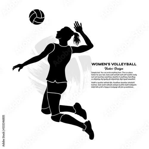 Female volleyball player jumps and hits the ball. Vector illustration