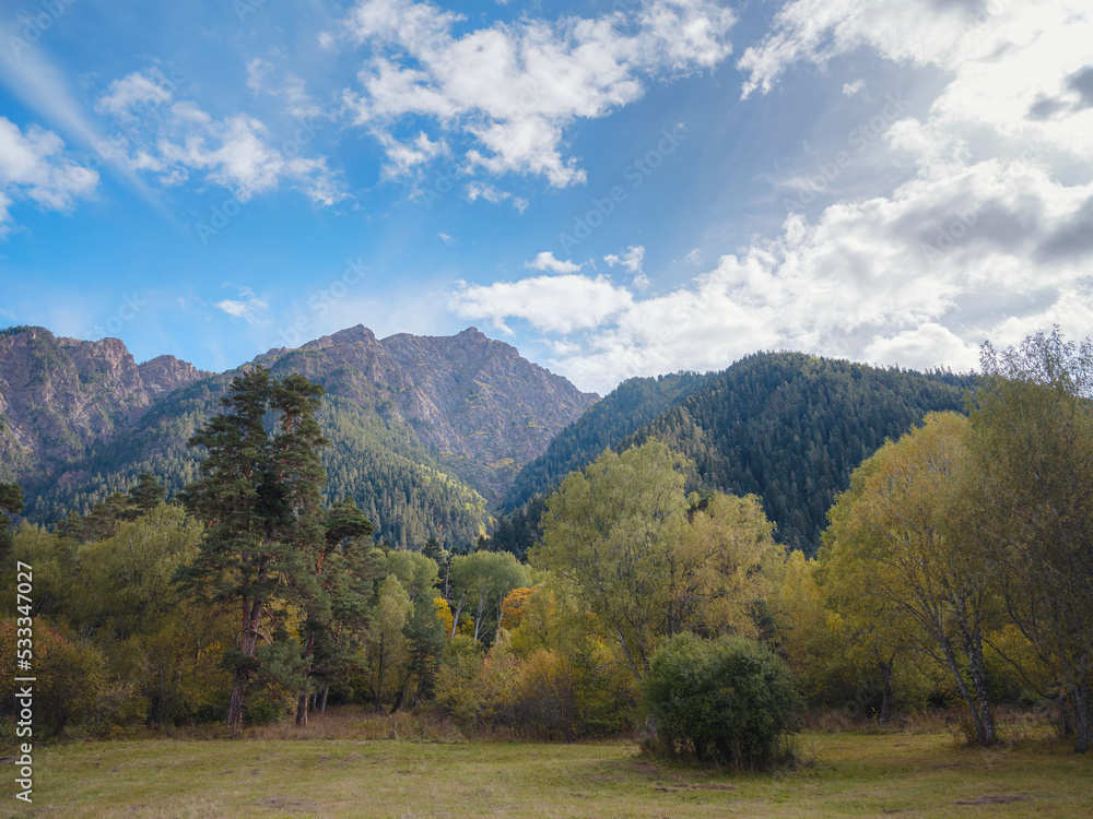 trip to Caucasus mountains, Arkhyz, Teberdinsky reserve. concept of discovery and exploration of wild places in early autumn.