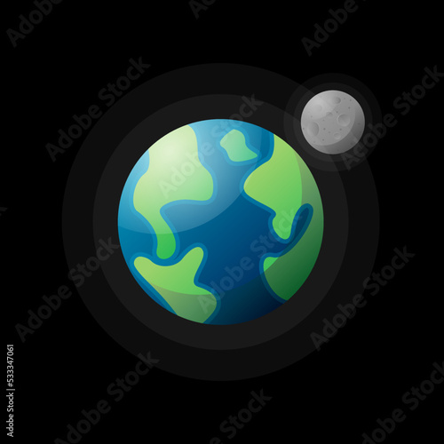 Flat design of Earth planet with moon satellite running on orbit.