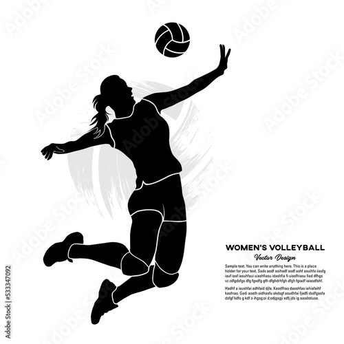 Silhouette of female volleyball player jumping and hitting the ball