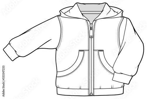 boys full sleeve hoodie jacket with zipper and pocket technical drawing flat sketch vector illustration