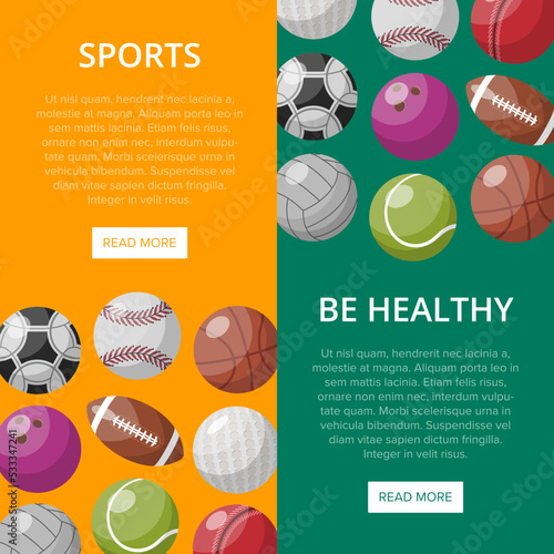 Creative colorful web design with various game balls and information about sports and health.