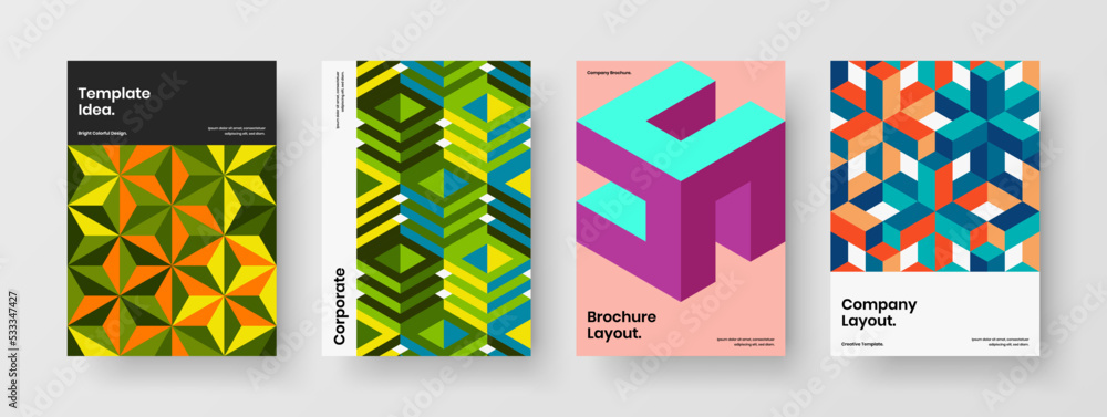 Modern geometric pattern booklet layout composition. Colorful catalog cover vector design concept bundle.