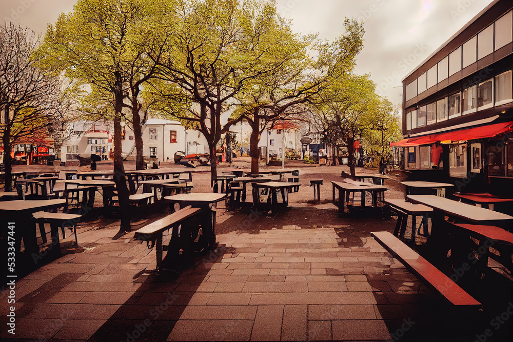 Reykjavik Iceland 0 A nice square with trees picnic tables and a restaurant bar for relax during a cloudy working day in the city center of Reykjavik capital city of Iceland Europe , s U1 1