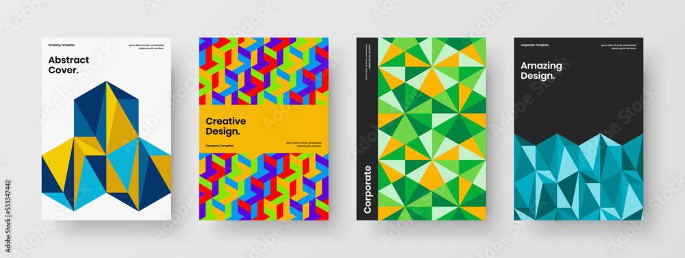 Trendy mosaic hexagons annual report concept bundle. Abstract catalog cover design vector illustration collection.