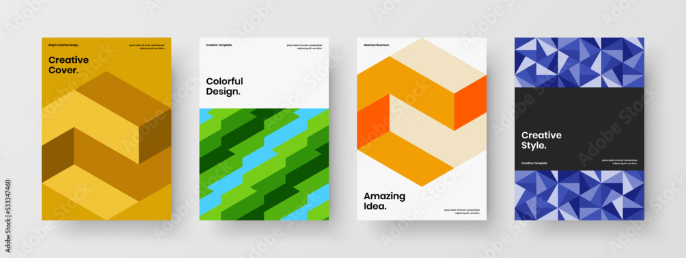 Bright geometric tiles magazine cover illustration composition. Clean company brochure A4 vector design layout bundle.