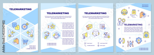 Telemarketing blue brochure template. Sales with phone calls. Leaflet design with linear icons. Editable 4 vector layouts for presentation, annual reports. Arial-Black, Myriad Pro-Regular fonts used
