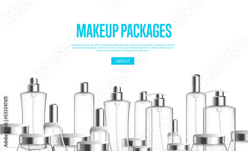 Web design about makeup packages with illustration of plenty crystal containers and bottles.