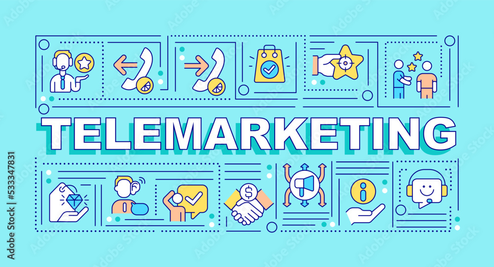 Telemarketing word concepts turquoise banner. Phone sales strategy. Infographics with editable icons on color background. Isolated typography. Vector illustration with text. Arial-Black font used Telemarketing word concepts turquoise banner. Phone sales strategy. Infographics with editable icons on color background. Isolated typography. Vector illustration with text. Arial-Black font used