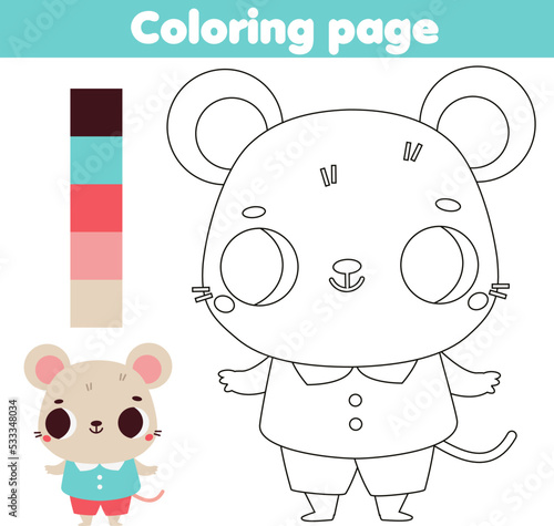 Coloring page with cartoon cute mouse. Animals theme Drawing kids activity. Printable fun for toddlers and children