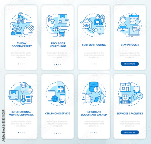 Prepare to move abroad blue onboarding mobile app screen set. Relocate walkthrough 4 steps editable graphic instructions with linear concepts. UI, UX, GUI template. Myriad Pro-Bold, Regular fonts used